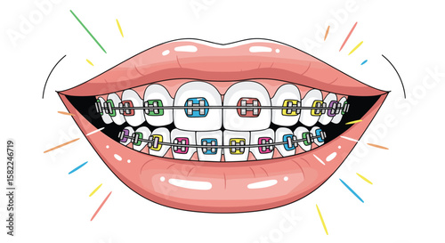 Brightly colored braces on teeth for dental correction and aesthetic appeal