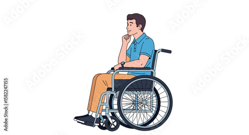 Thoughtful man sitting in a wheelchair contemplating with hand on chin