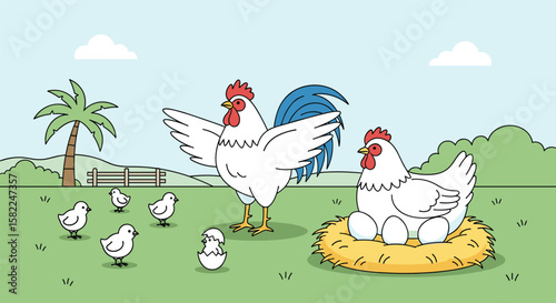 A family of chickens roaming in a sunny field with a palm tree