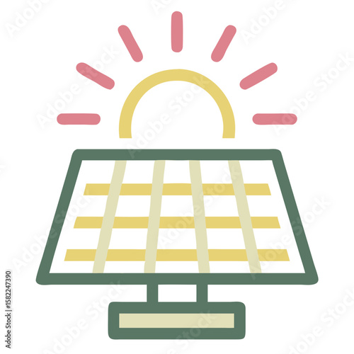 Solar Panel Icon with Rising Sun Symbolizing Renewable Energy for Environmental Awareness, Sustainable Living Blogs, Educational Content, and Green Technology Websites  
