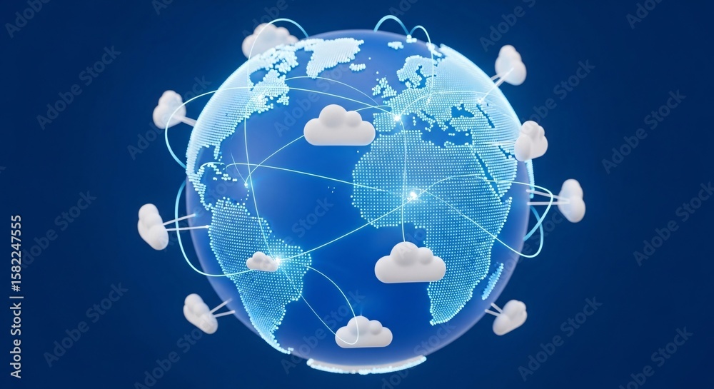 Obraz premium Digital Earth Globe Global Network Connection with Clouds