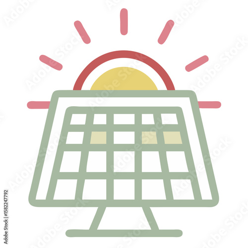 Solar Panel Icon with Rising Sun Symbolizing Renewable Energy for Environmental Awareness, Sustainable Development, and Eco-Friendly Initiatives  