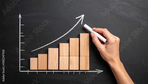 A hand draws an upward arrow in white chalk over a wooden bar graph on a green chalkboard—evoking progress, growth, and dynamic development in education or business.
