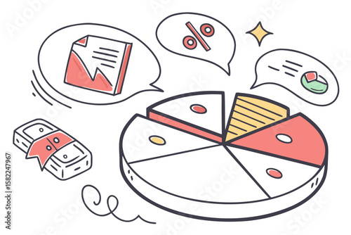 Illustration of a pie chart with financial documents and percentage sign in speech bubbles around it