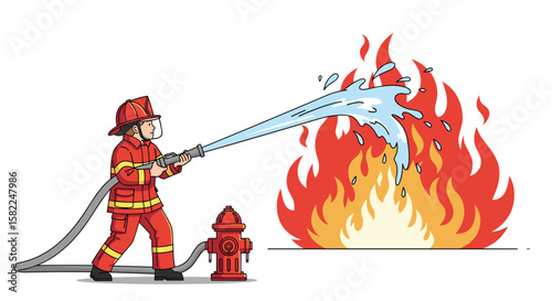Brave firefighter hero bravely extinguishes a large uncontrolled raging destructive fire with water from a hose using a hydrant