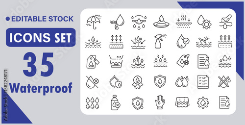 Waterproof icon set. Containing Water Protection, Water Resistant, Drops, Moisture, Anti Wetting Material, Hydrophobic, Weatherproof, Rain, and more. vector illustration