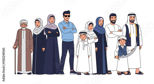 Diverse middle eastern family gathering representing generations and cultural heritage