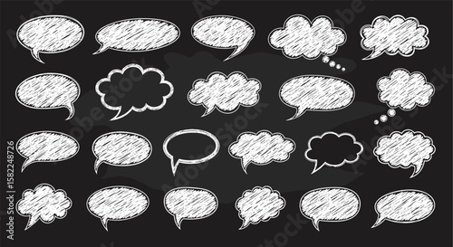 Collection of chalk drawn speech bubbles and thought clouds on a blackboard background for design and communication concepts