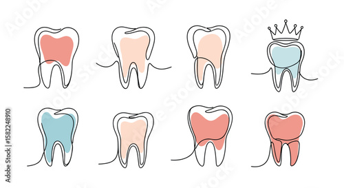 Abstract minimalist dental health tooth illustrations in flat design style