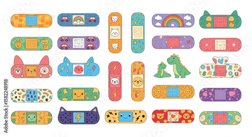 Collection of adhesive bandages featuring cute animal characters and colorful designs for children's first aid