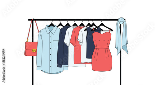 A collection of stylish women's apparel and accessories displayed on a clothing rack