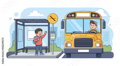 Young student waves goodbye to school bus driver at the bus stop for education and transportation