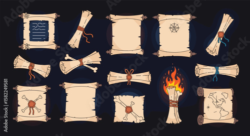 Collection of ancient scrolls and parchment documents for fantasy game design