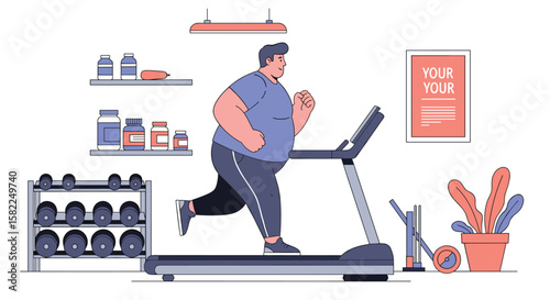 Overweight man exercising on a treadmill in a home gym with dumbbells and supplements