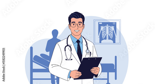 Expert medical care patient examination physician with stethoscope and clipboard in clinic