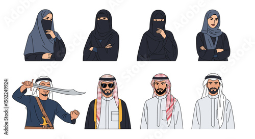 Middle eastern people diverse cultural islamic arab traditional clothing pixel art illustrations