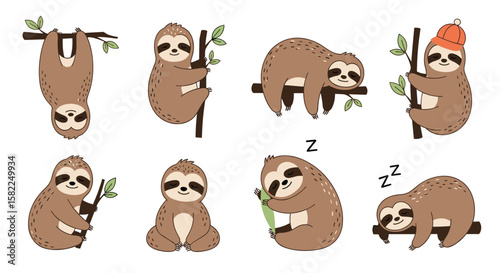 Adorable sloth characters enjoying nature climbing trees and sleeping peacefully
