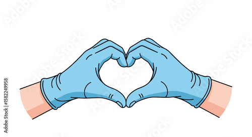 Medical professionals show love with blue gloves forming a heart shape