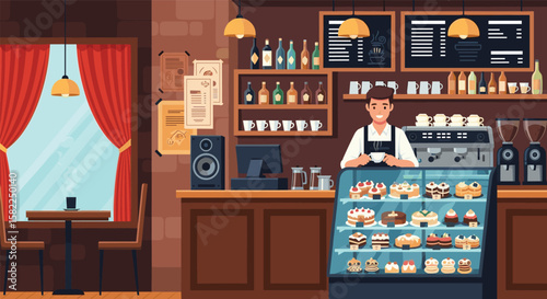 Cozy coffee shop interior with barista and delicious pastries in display case