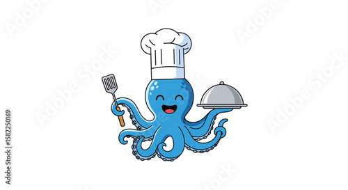 Joyful octopus chef holding utensils and serving platter ready to cook delicious meals