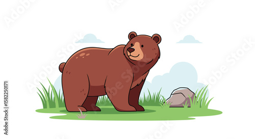 Pixel art bear roaming in a grassy meadow with a rock and blue sky