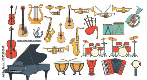 Collection of orchestral percussion brass woodwind string and keyboard instruments