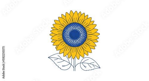 A realistic illustration of a sunflower with detailed petals and leaves on a white background
