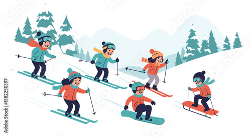 Children enjoying winter sports on snowy slopes with mountains and trees in the background