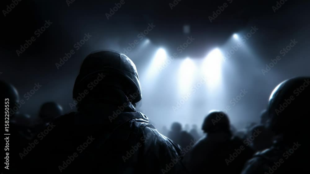 Soldiers in formation under dramatic lighting, reflecting strength and unity in a somber atmosphere