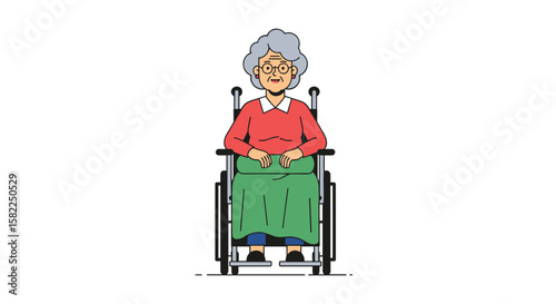 Elderly woman sitting comfortably in a wheelchair wearing a red sweater and a green skirt