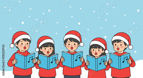 Childrens christmas choir singing festive carols during a snowy winter day