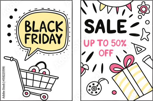Black friday sale advertisement with shopping cart and gift box with up to fifty percent off offer banner