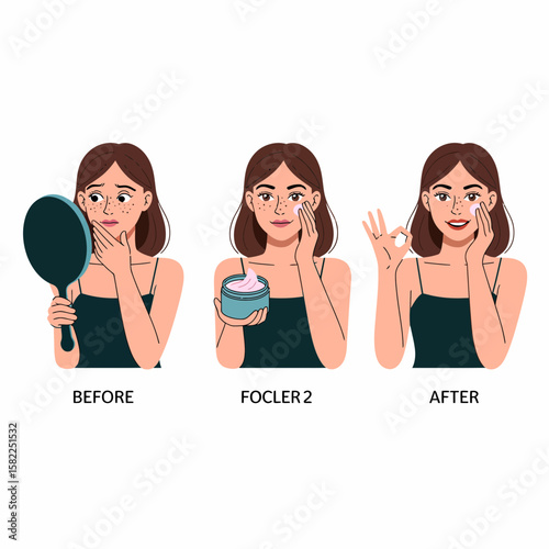 Three-panel illustration showing a woman's face before and after applying cream, holding a mirror and making an OK sign.