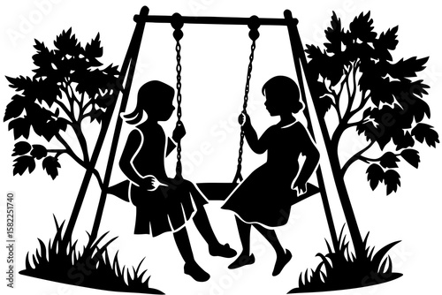 Girls enjoy swing set silhouette in park trees