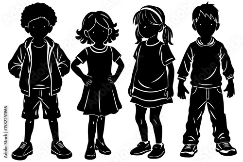Children silhouettes stand together in a group