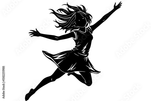 Silhouette girl jumps with joy, arms raised high
