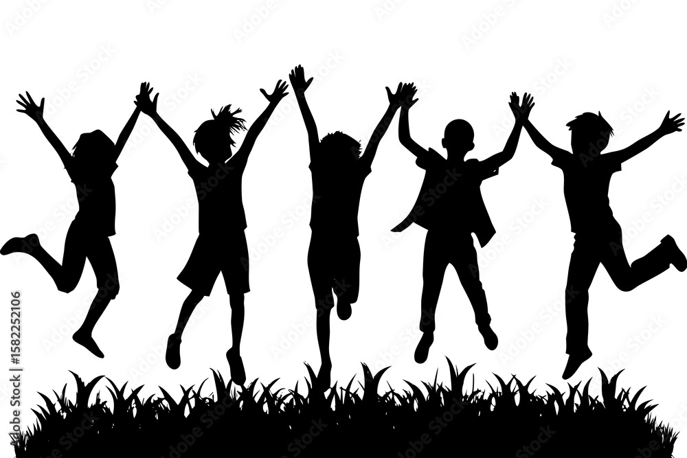 Fototapeta premium Jumping children silhouettes in grass, joy and fun