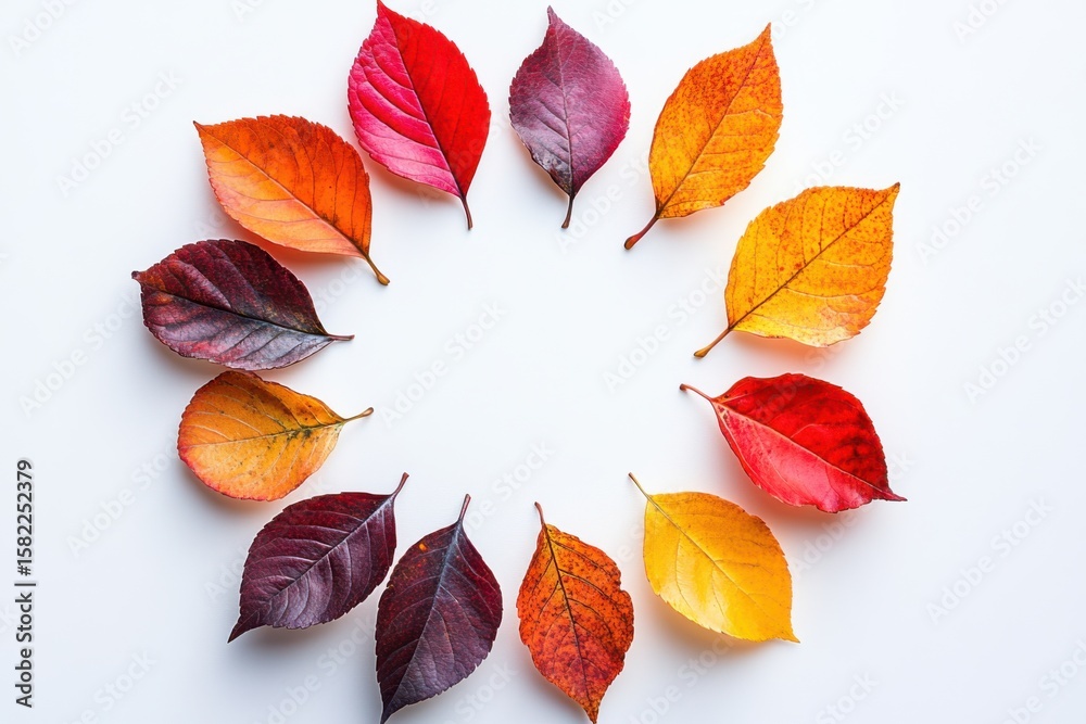 Obraz premium Autumn leaves circle Red orange yellow fall foliage seasonal pattern design on white background. Generative AI