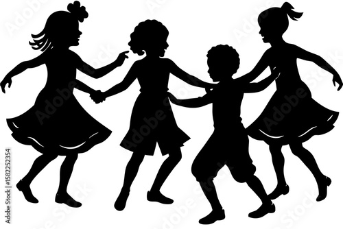 Children dancing silhouette in a circle of friends