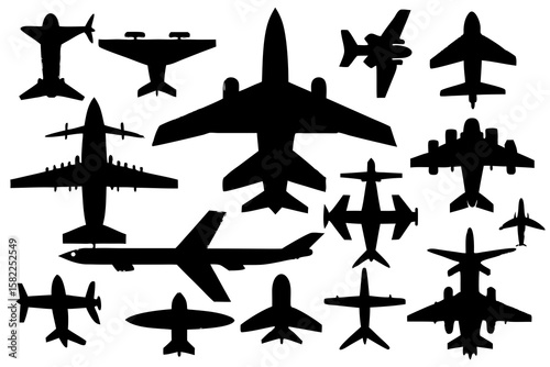 Aircraft silhouettes showcase aviation technology.