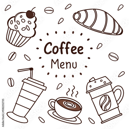 Illustration of coffee menu with a cupcake, croissant, coffee beans, and coffee drinks in doodle style