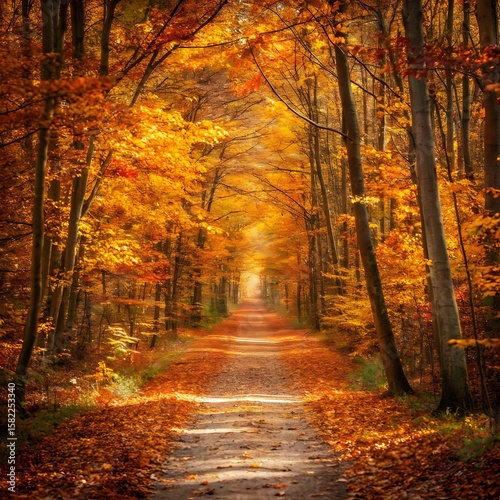 Sunlit forest path lined with vibrant golden and orange autumn leaves