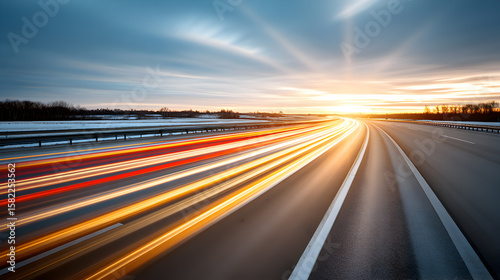 Highway and road with motion light trails at sunrise or sunset, a beautiful scenic view