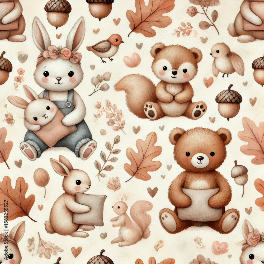 Obraz premium Seamless pattern with cartoon bears, rabbits, squirrels, birds, hearts, acorns, and autumn leaves on light background. Watercolor illustration.