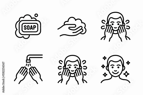 A series of six icons depicting the steps of washing one's face, from soaping to rinsing and a final clean, refreshed face.