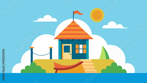 Vibrant cartoon illustration of a cozy house on a grassy hill, surrounded by a lush forest under a summer sky with clouds, depicting an idyllic village landscape