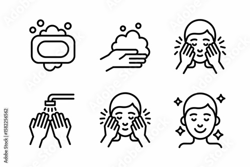 A set of six line art icons depicting the steps of washing a face, from soaping to rinsing and a clean, sparkling face.