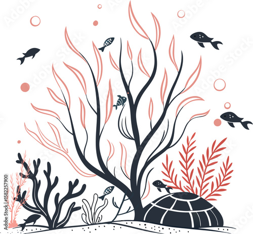 Abstract red and black floral background with swirling leaves, tree branches, and delicate butterflies forms a seamless vintage nature pattern