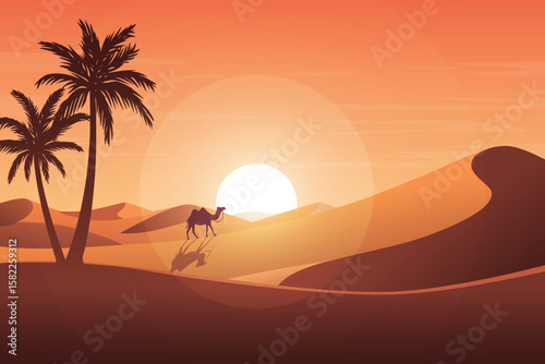 Scenic Desert Sunset with Silhouetted Camel, Rolling Sand Dunes, and Date Palm Trees. Peaceful Arabian Landscape Under Warm Evening Sky. Beautiful Nature Background Illustration