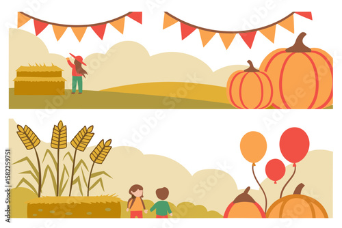 Illustration showing autumn harvest festival scenes with pumpkins wheat hay bales and festive decorations abound